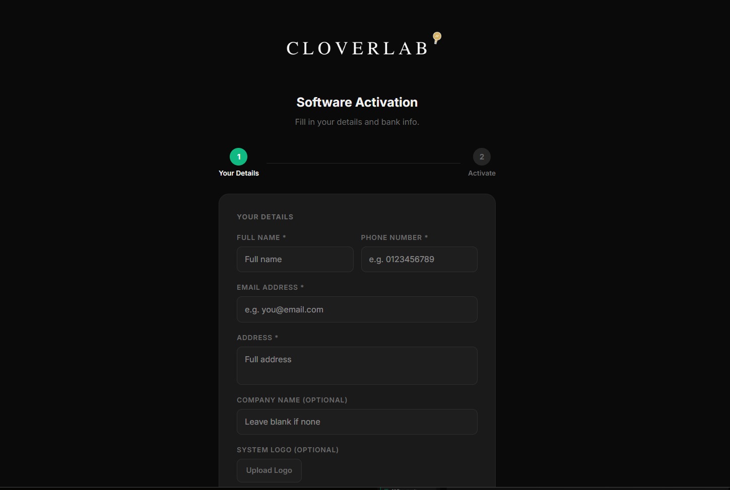 CloverBill account activation screen with verification code entry